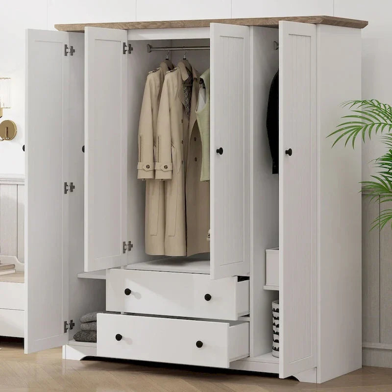 Freestanding 4 - Door Wardrobe Armoire with 2 Drawers and Hanging Rods for Clothes Storage