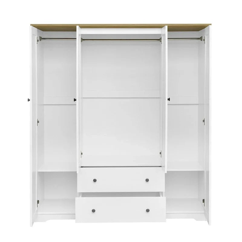 Freestanding 4 - Door Wardrobe Armoire with 2 Drawers and Hanging Rods for Clothes Storage