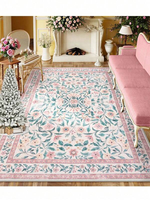 1pc Bohemian Modern Paris Garden Floral Carpet, Suitable For Living Room, Non-Slip Rust Red Printed Vintage Farmhouse Rug, Suitable For Bedroom, Dining Room, Dorm, Office, Home Decor