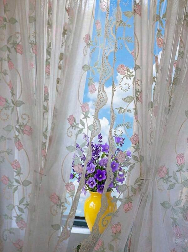 Joivida 1pc French Pastoral Embroidered Sheer Curtain, No Drilling Required For Balcony, Bedroom, Suitable For Multiple Occasions
