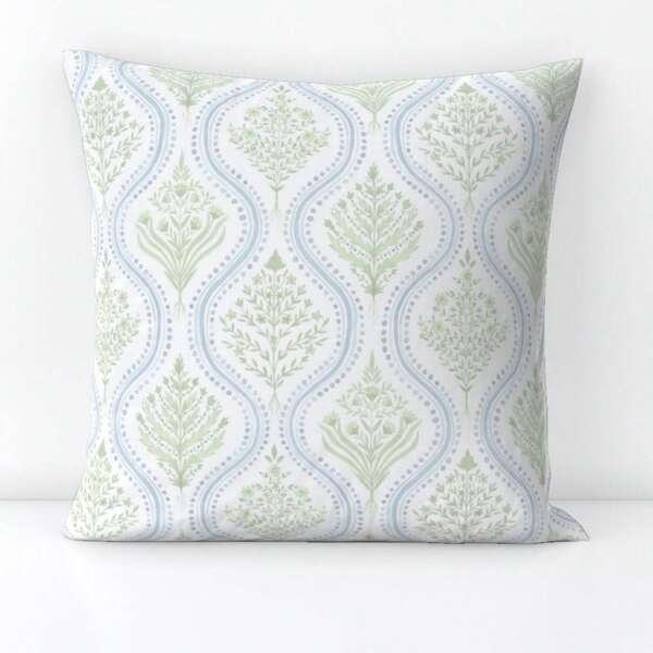Preppy PaiS-Ley Throw Pillow -- Green Blue Cottage Vine Large Decorati-Ve Square Throw Pillow -- CorN-FLower Green Blue By Danika -Herrick
