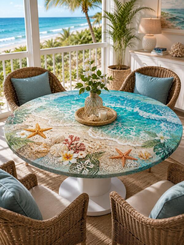 1pc Elastic Round Tablecloth With Coastal Ocean And Seashell Print - Nautical Beach Tablecloth, Suitable For Home Decor, Room Decor, Garden, Wedding, Coastal Wedding And Beach Party
